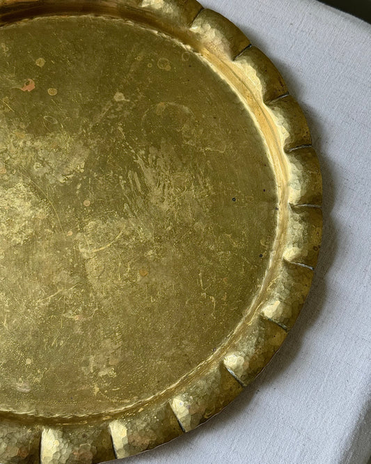 Vintage Hammered Brass Tray with Scalloped Edge