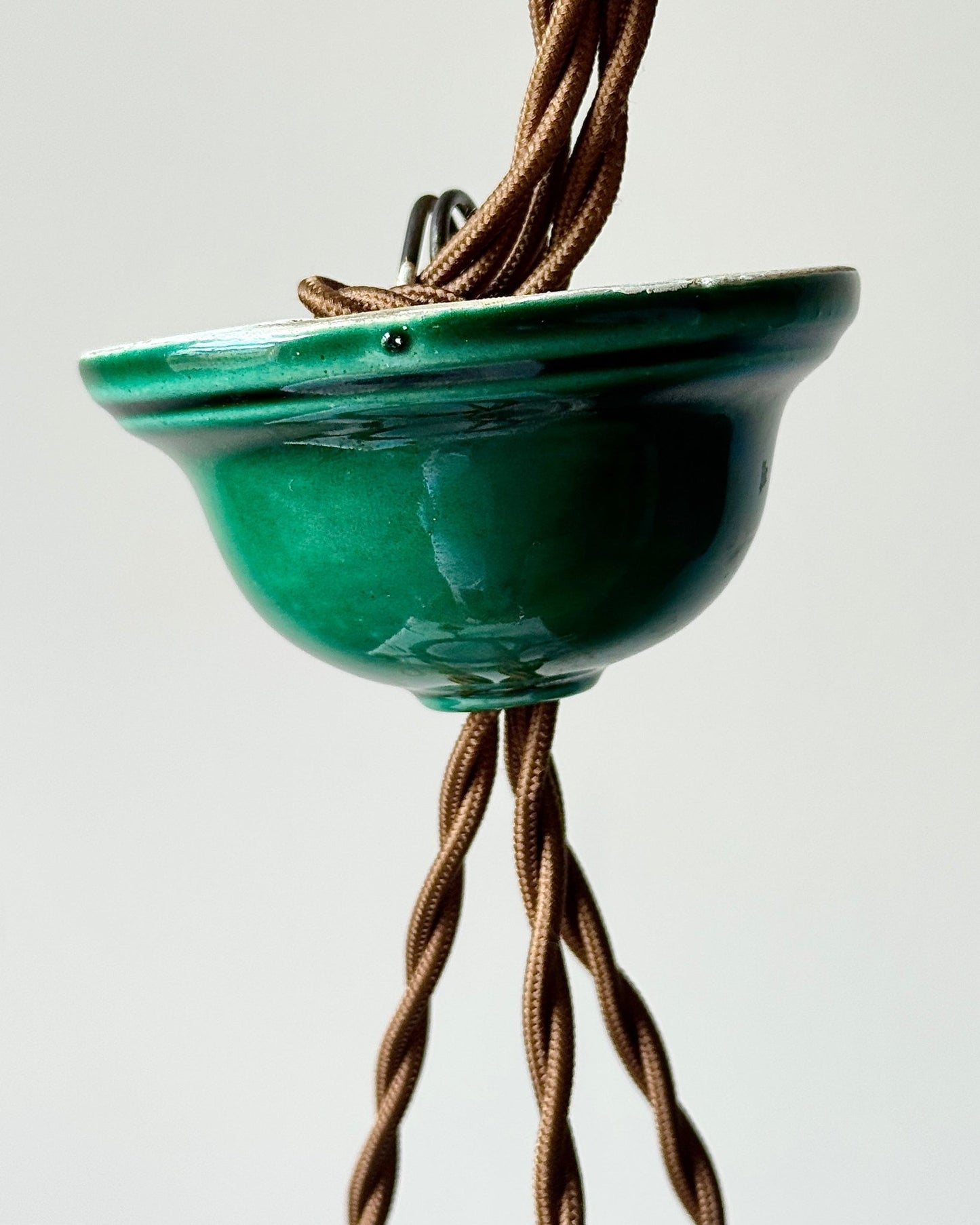Green Glazed Ceramic Three-Light Chandelier c.1960 - Club Sourced