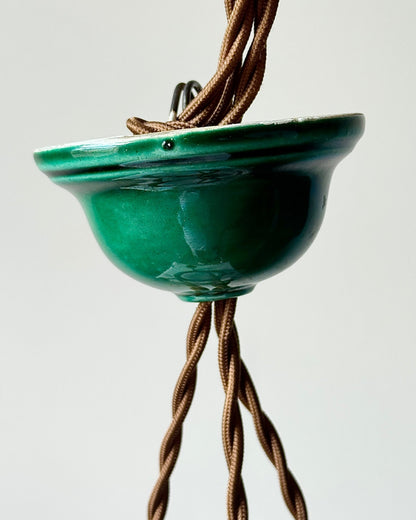 Green Glazed Ceramic Three-Light Chandelier c.1960 - Club Sourced