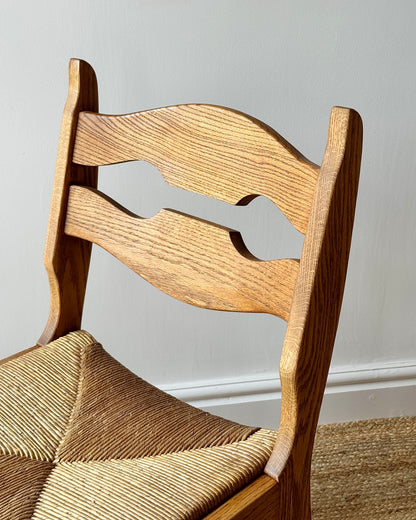 Set of Four Razor Back Oak & Rush Dining Chairs by Guillerme et Chambron