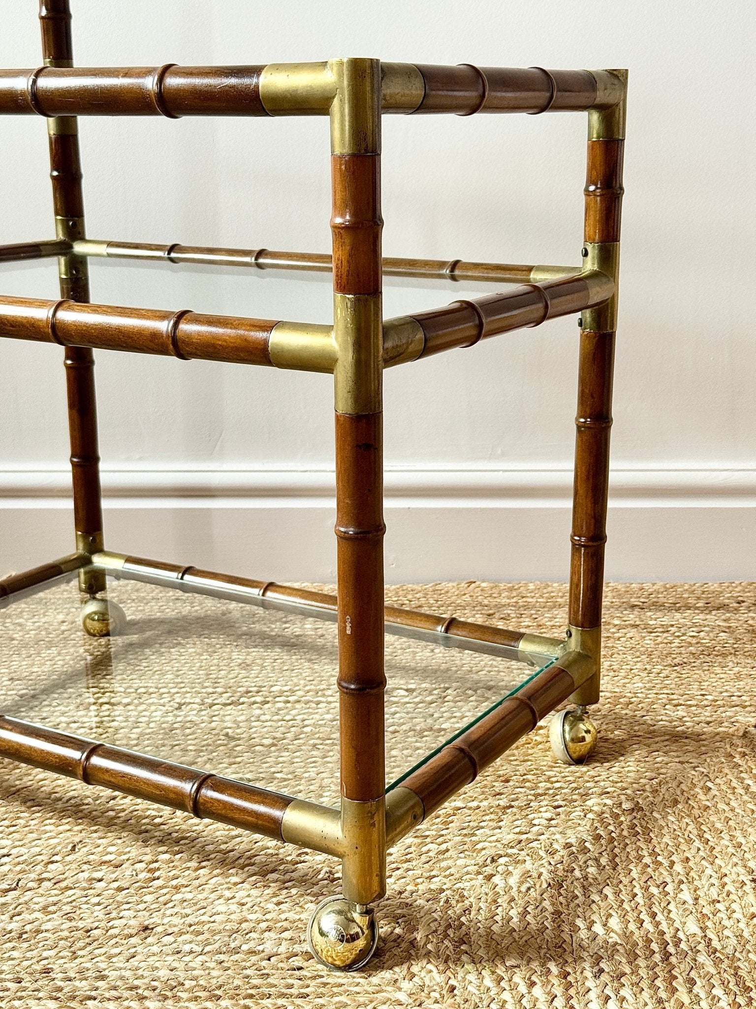 French Faux Bamboo and Brass Three-Tier Bar Cart - Club Sourced