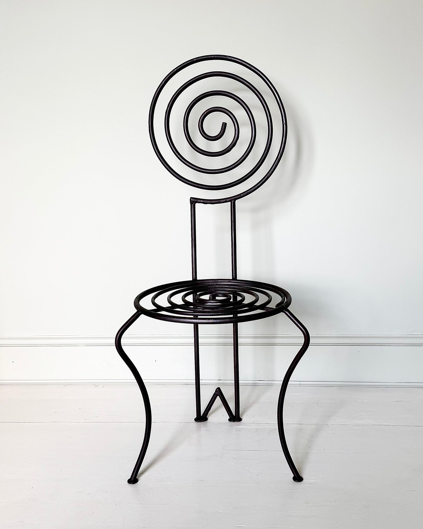 Pair of French Atelier Wrought Iron Spiral Chairs, Signed JTS