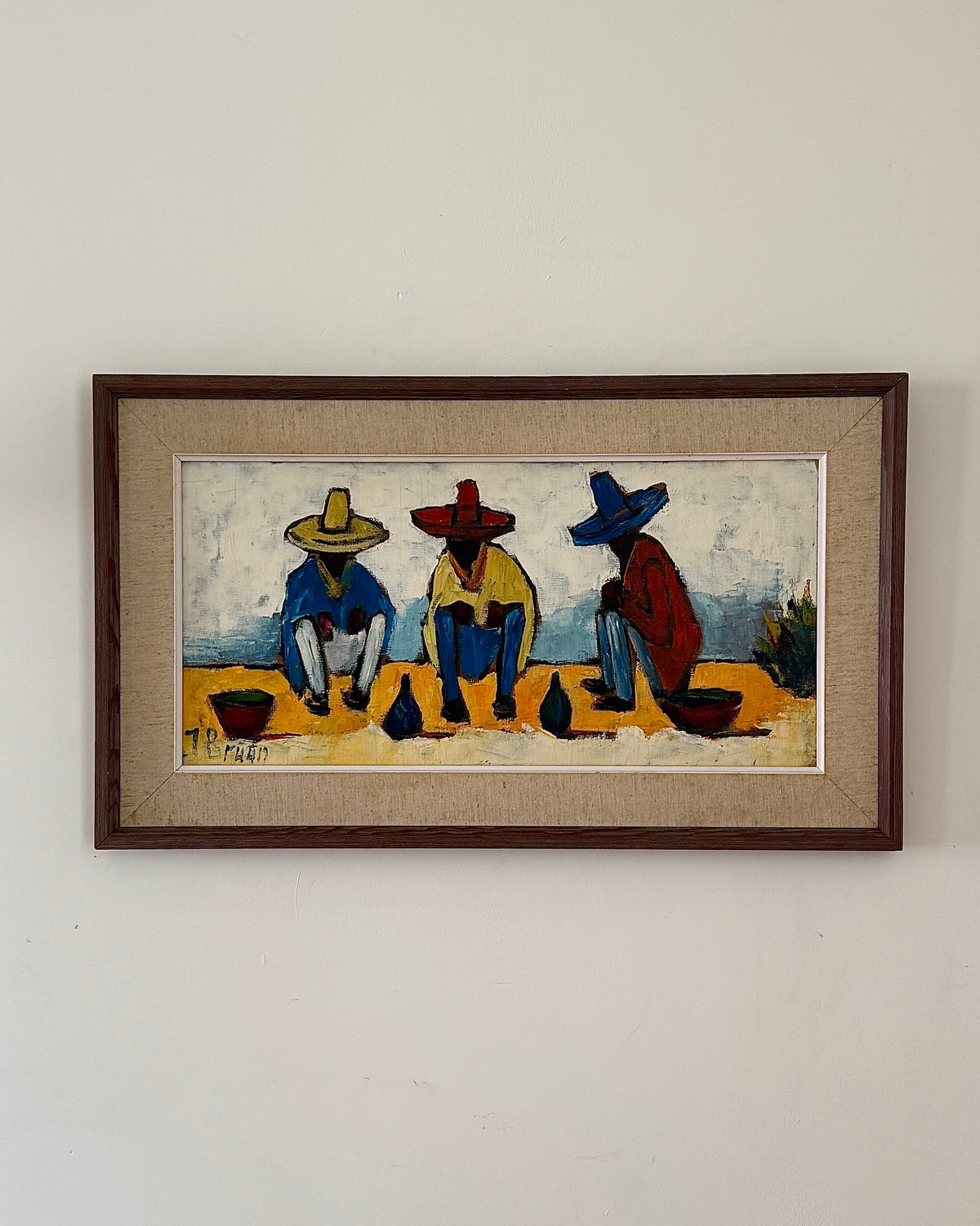 Three Men in Sombreros Oil on Panel