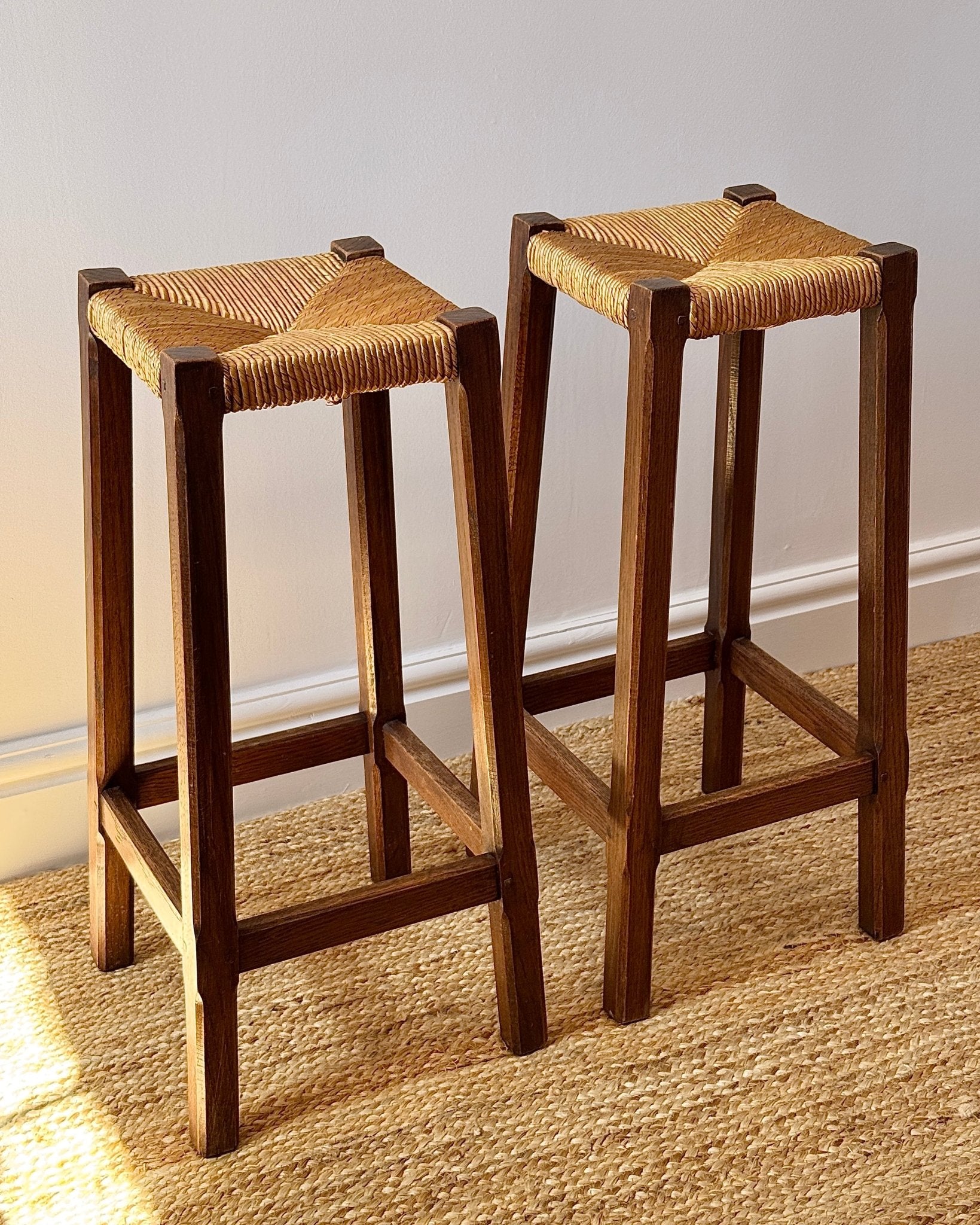 Pair of French Oak Rush Bar Stools - Club Sourced