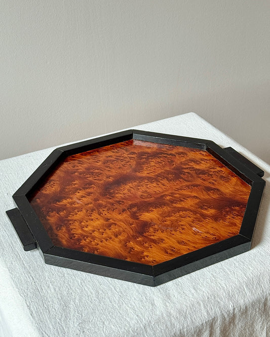 Art Deco Hexagonal Burlwood Tray with Black Frame