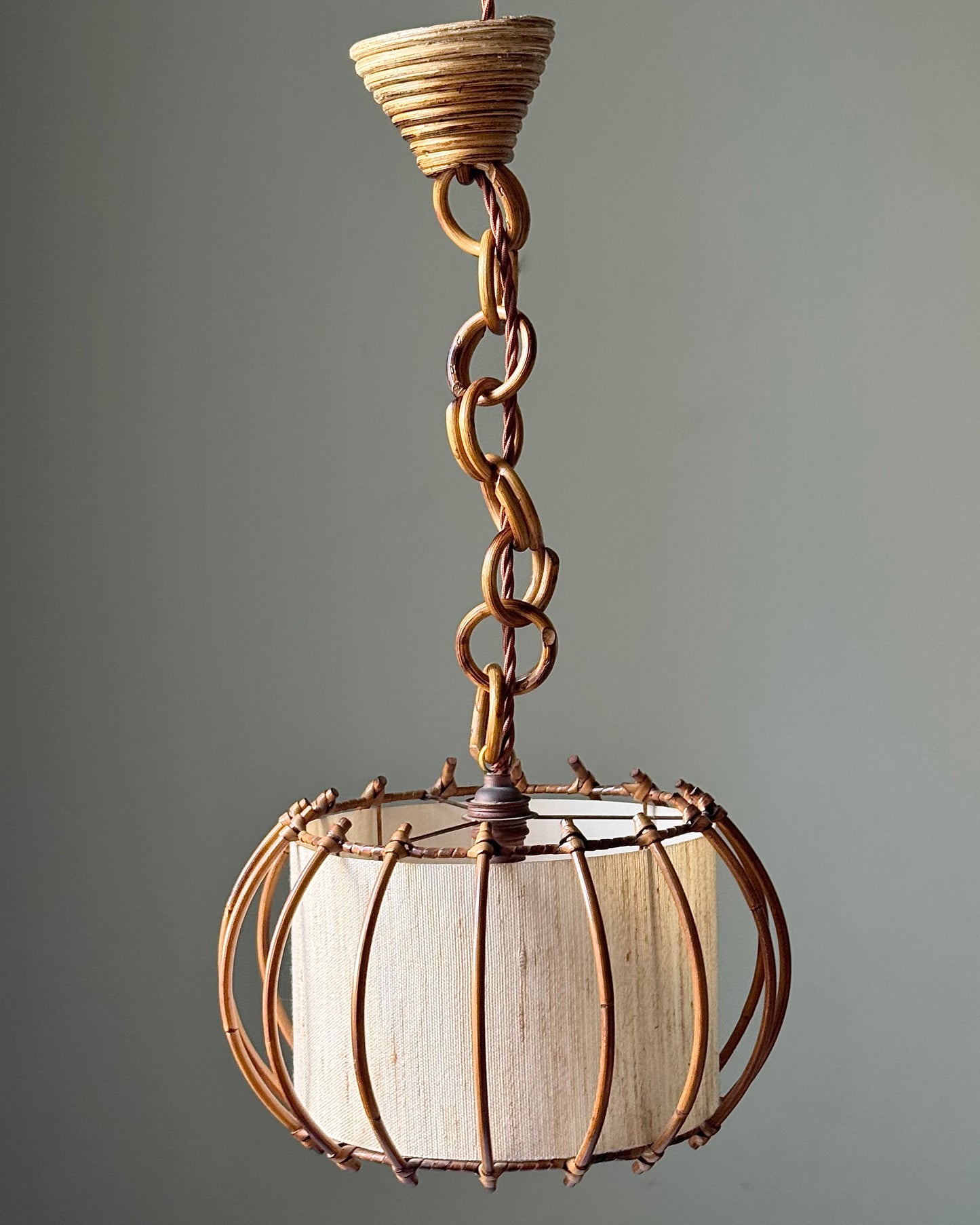 Vintage French Caged Rattan & Linen Pendant