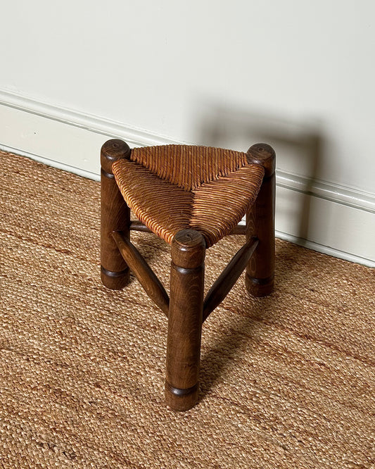 French Oak & Rush Stool, In the manner of Charles Dudouyt