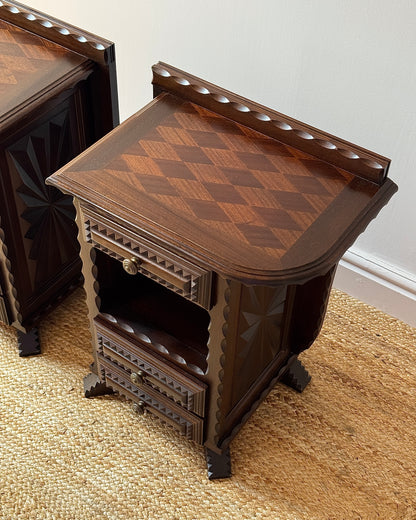 Pair of Folk Carved Oak Bedside Tables, French c.1940