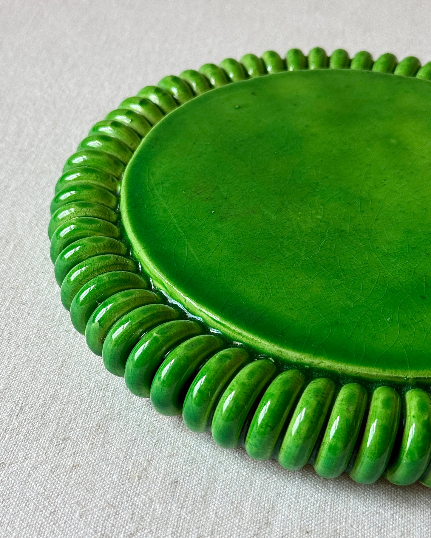 Vallauris Green Glazed Coiled Ceramic Trivet and Dish