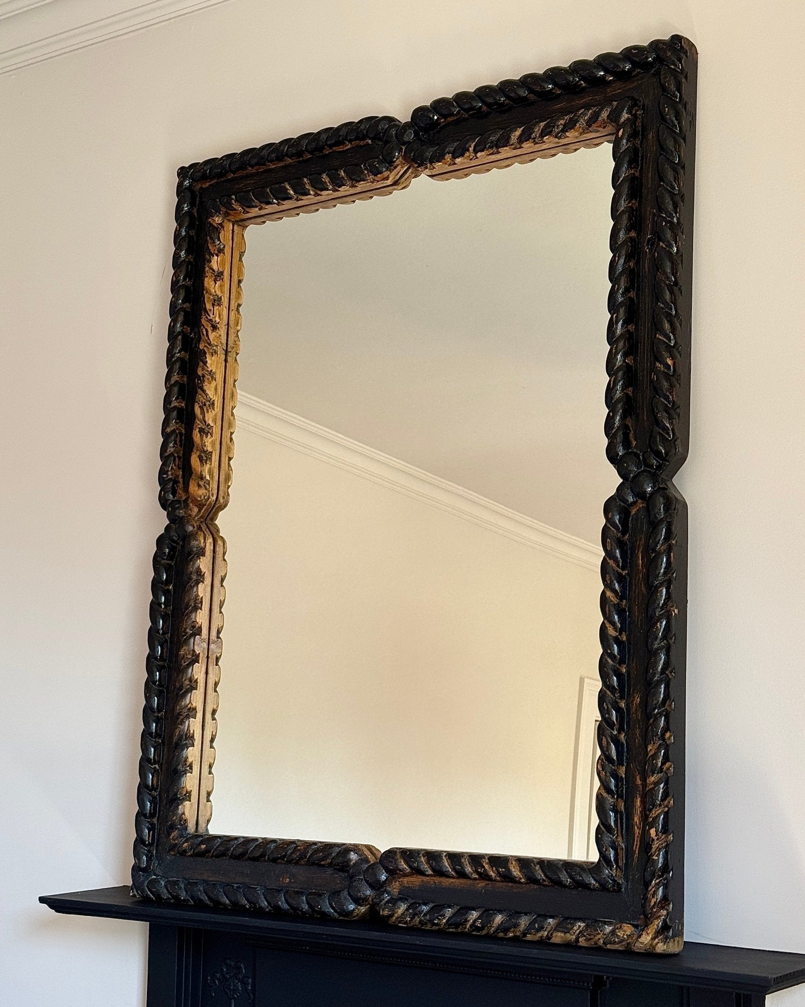 Large Black Oak Twisted Rope Mirror, Late 19th Century - Club Sourced