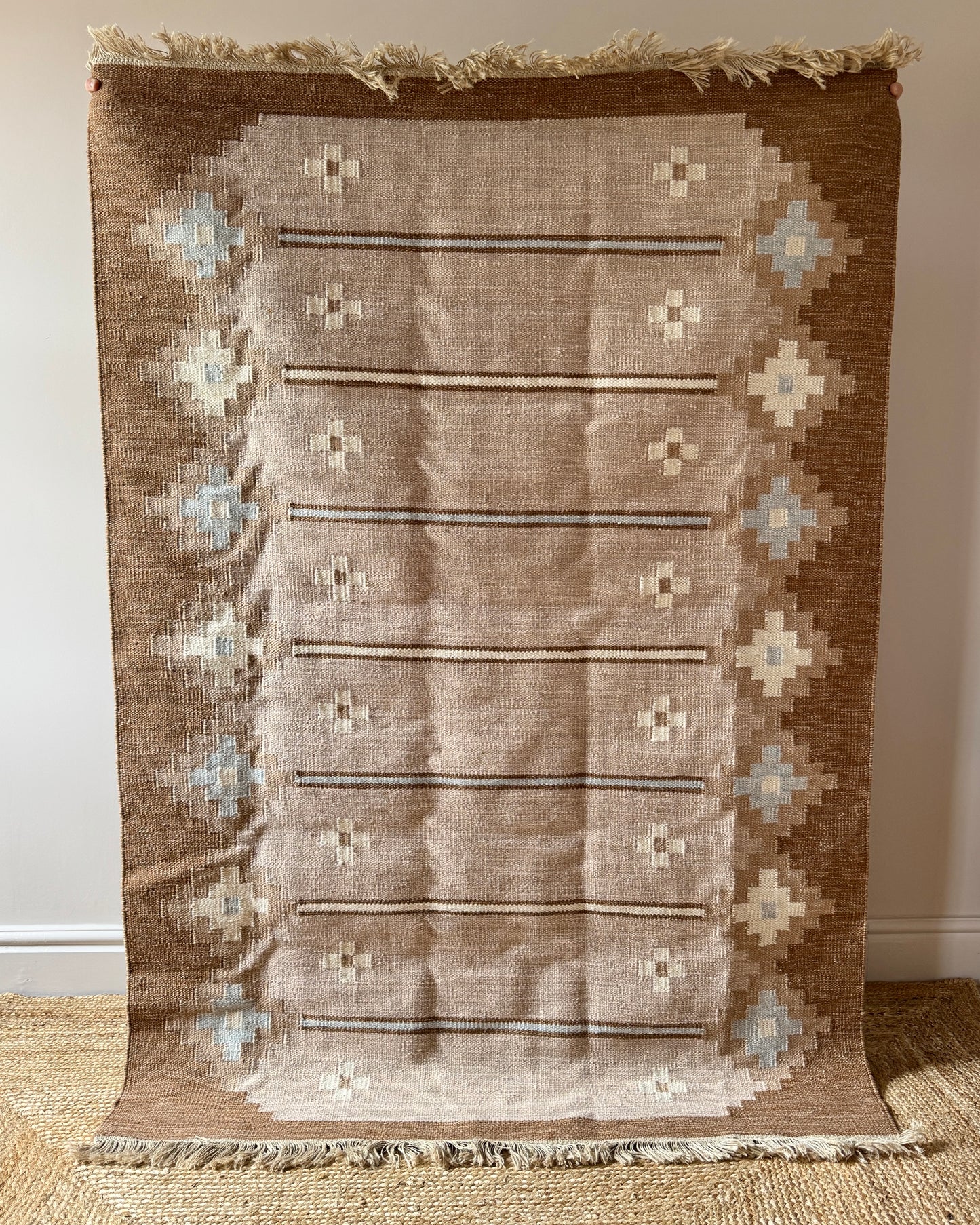 Swedish Flatweave Röllakan Wool Rug with Stepped Geometric Frame