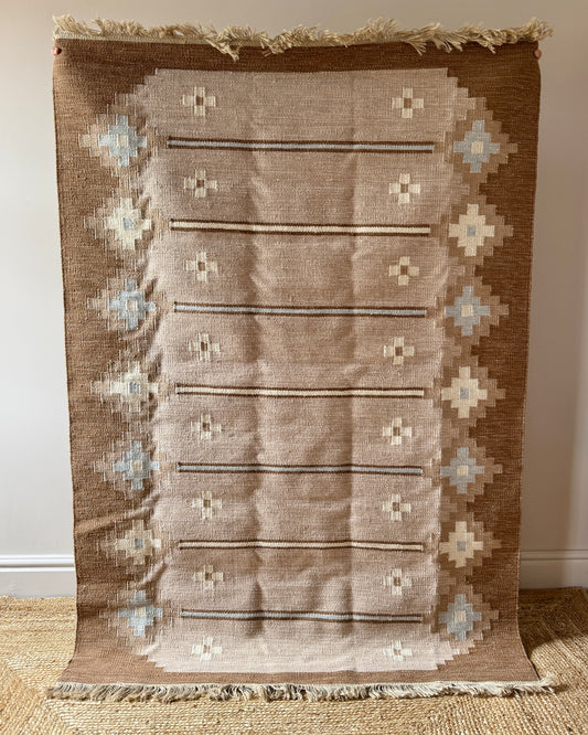 Swedish Flatweave Röllakan Wool Rug with Stepped Geometric Frame