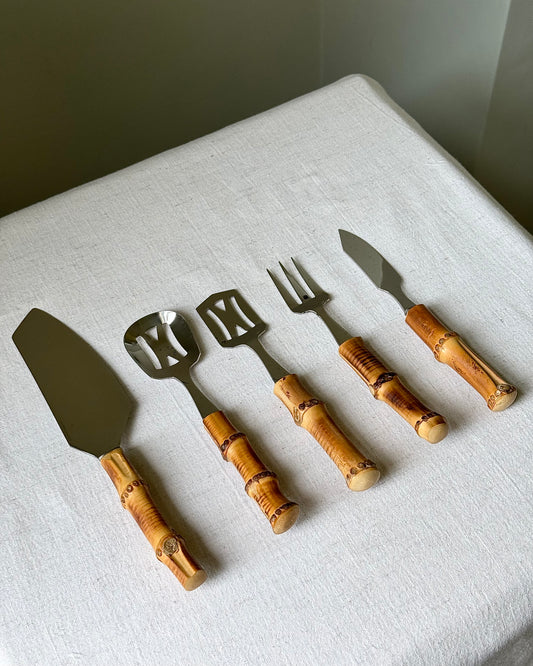Set of 5 Vintage French Bamboo Cheese Knives