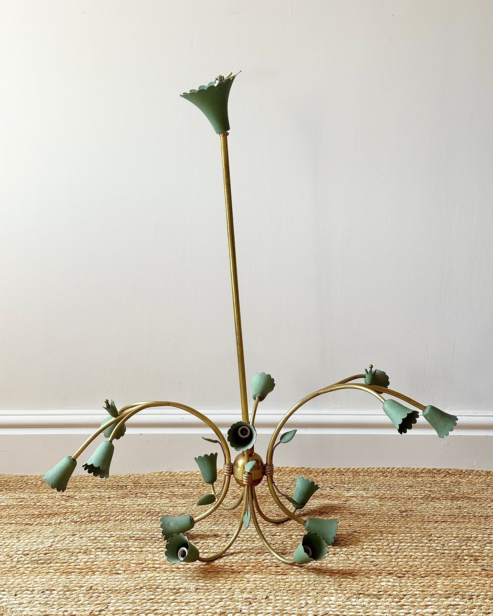Large Italian Brass & Green Tole 14 Light Chandelier, c.1950 - Club Sourced