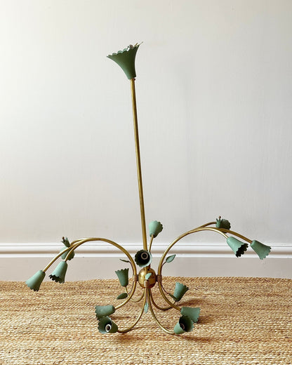 Large Italian Brass & Green Tole 14 Light Chandelier, c.1950 - Club Sourced