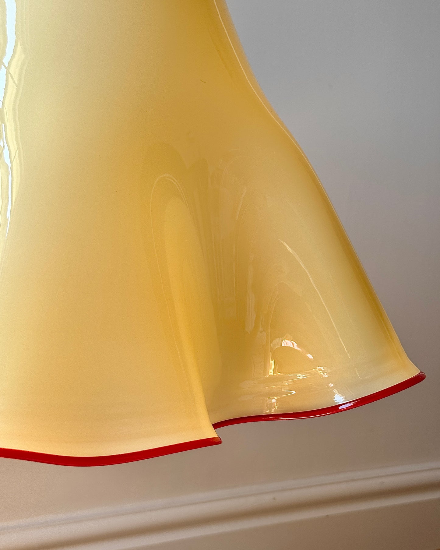 Large Murano Buttery Yellow & Red Rim Handkerchief Pendant, c. 1970s