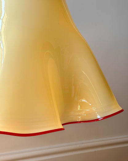 Large Murano Buttery Yellow & Red Rim Handkerchief Pendant, c. 1970s