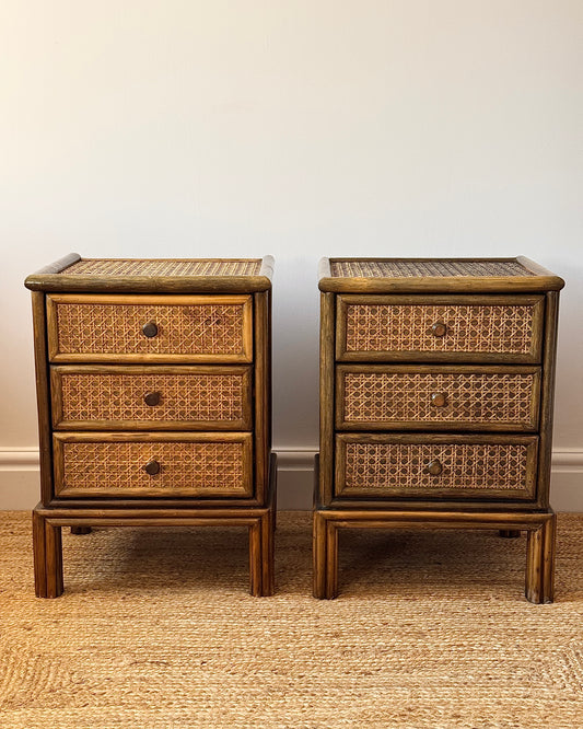 Pair of Cane & Bamboo Bedside Tables Attributed to Roche Bobois