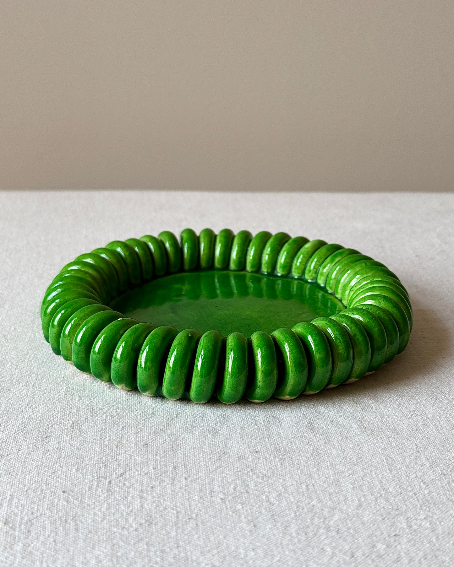 Vallauris Green Glazed Coiled Ceramic Trivet and Dish