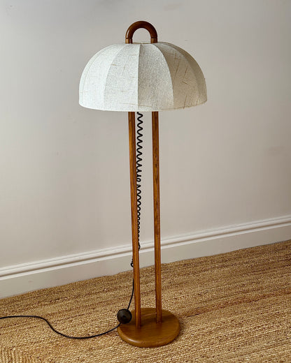 German Oak Floor Lamp with Domed Linen Shade, c.1970