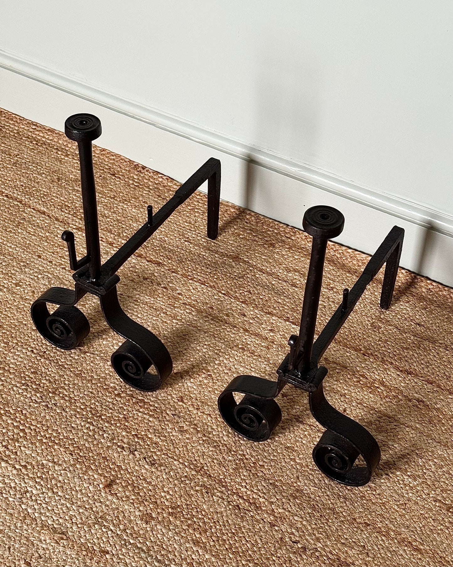 Pair of French Mid-century Wrought Iron Scroll Fire Dogs/Andirons