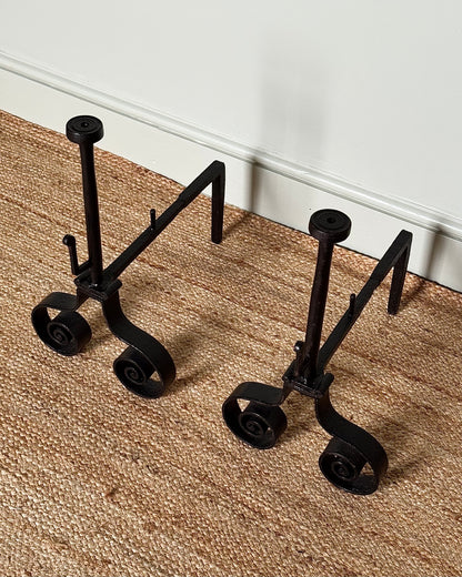 Pair of French Mid-century Wrought Iron Scroll Fire Dogs/Andirons