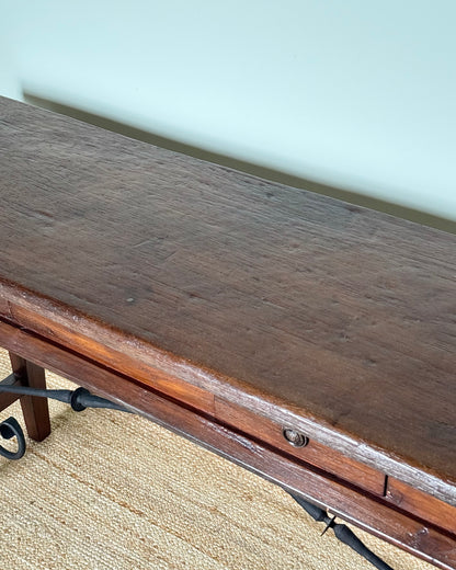 1940’s Spanish Console Table with Sculptural Iron Stretcher