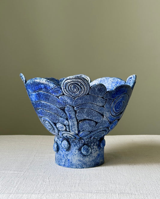 Cobalt Blue Sculptural Studio Pottery Pedestal Bowl