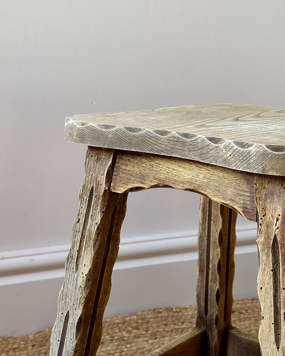 French Folk Art Carved Oak Stool