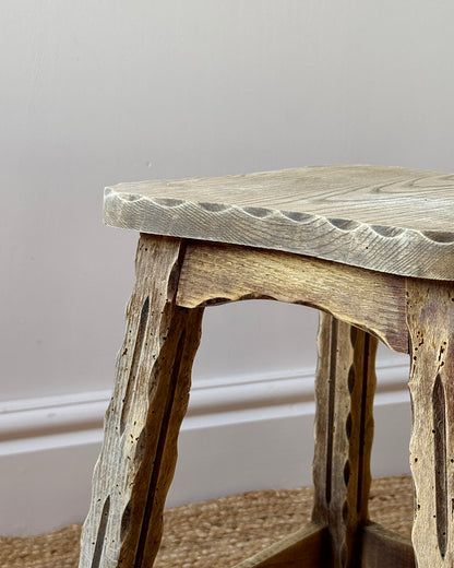 French Folk Art Carved Oak Stool