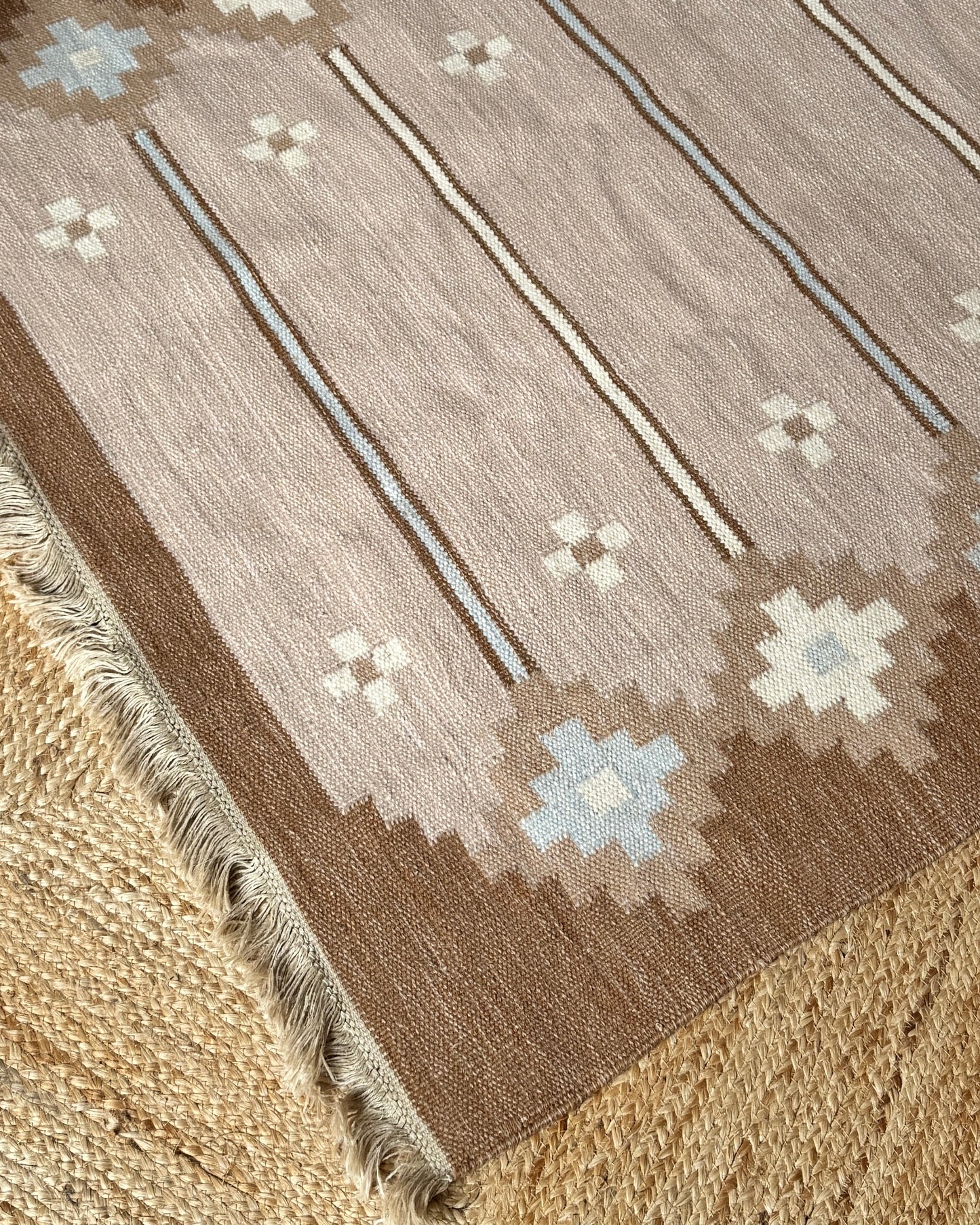Swedish Flatweave Röllakan Wool Rug with Stepped Geometric Frame