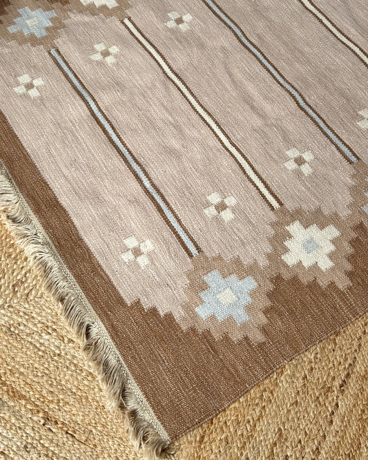 Swedish Flatweave Röllakan Wool Rug with Stepped Geometric Frame