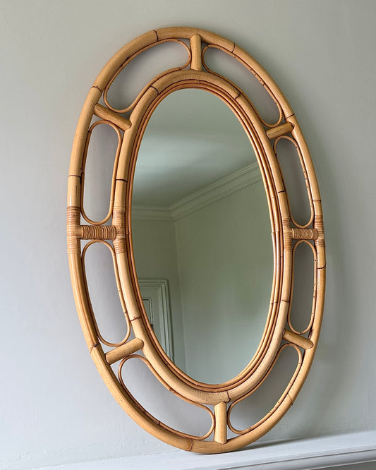 Italian Mid-Century Bamboo & Cane Oval Mirror