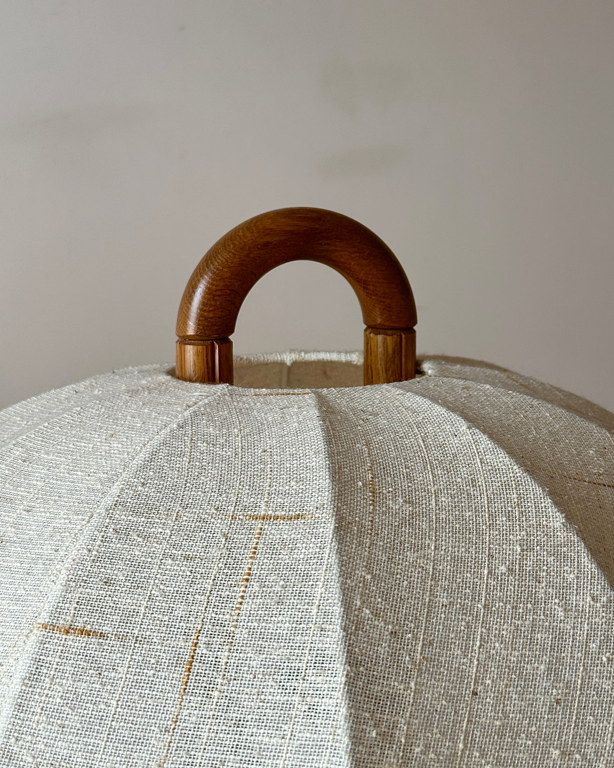 German Oak Floor Lamp with Domed Linen Shade, c.1970