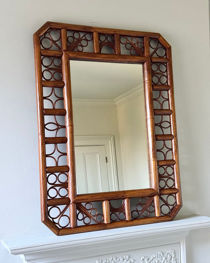 Large French Mid-Century Rattan Double Frame Mirror