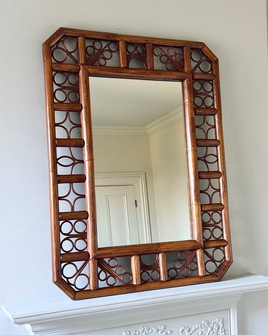 Large French Mid-Century Rattan Double Frame Mirror