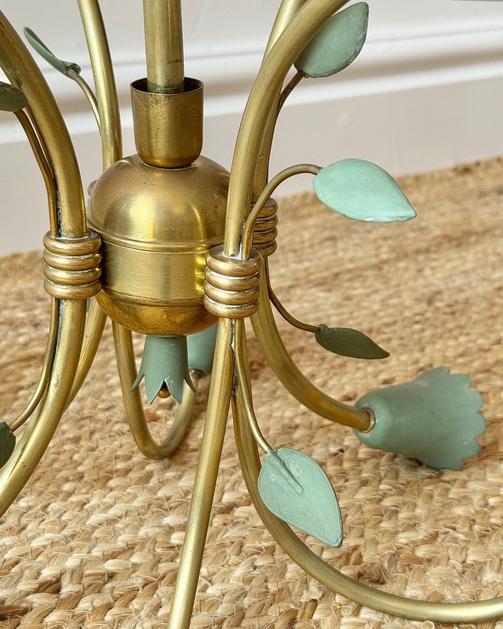 Large Italian Brass & Green Tole 14 Light Chandelier, c.1950 - Club Sourced