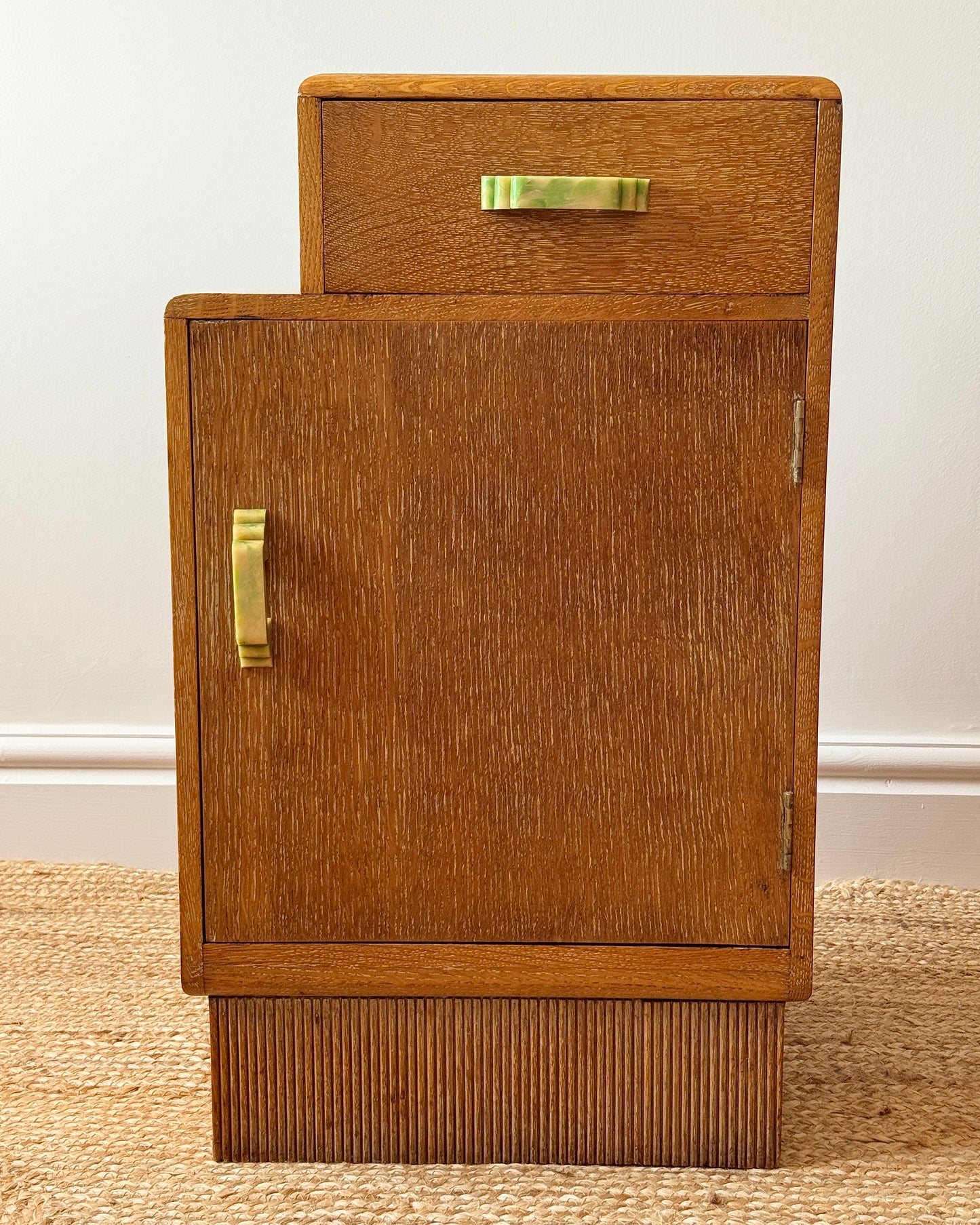 Pair of Art Deco Limed Oak Bedside Tables, c.1930