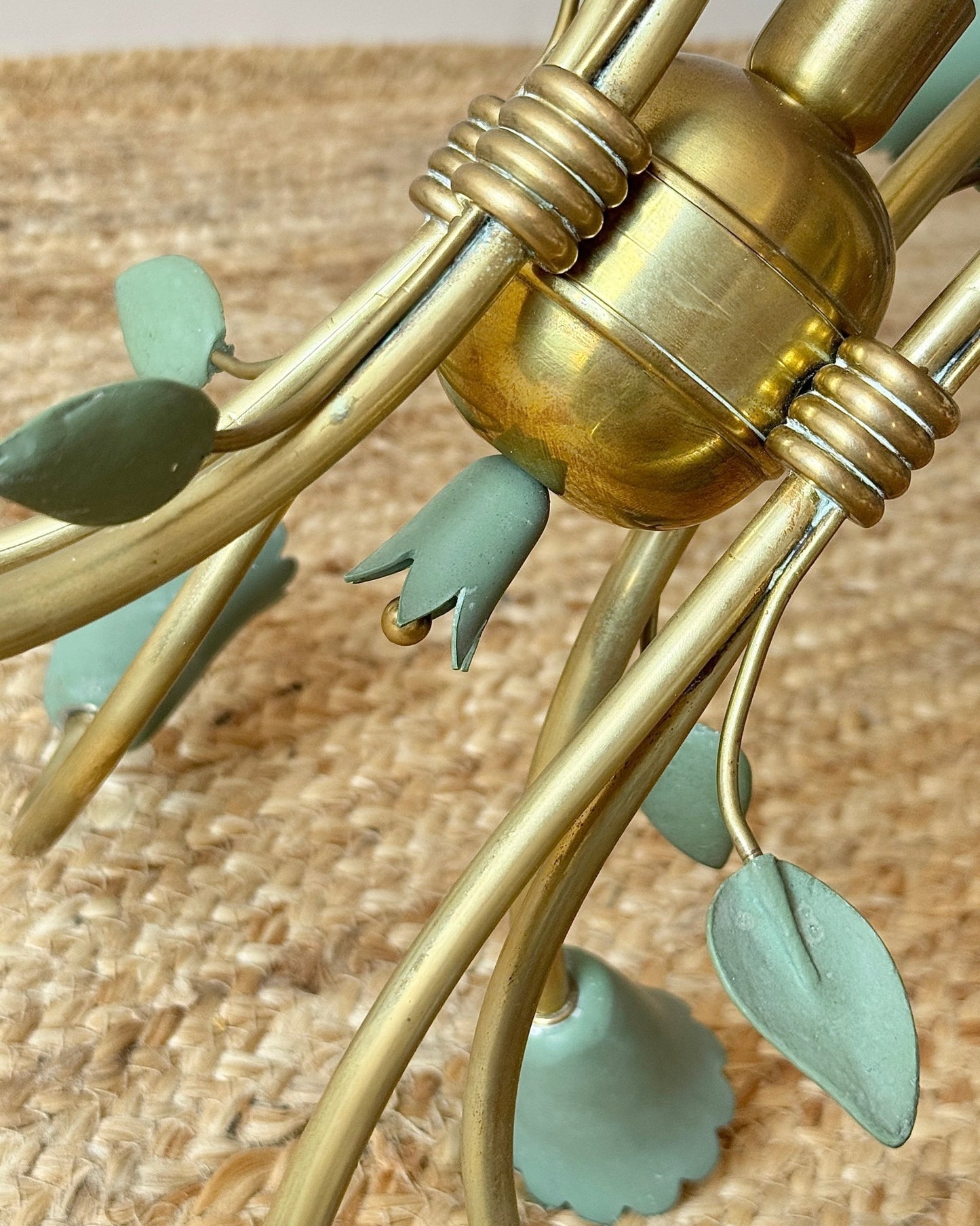 Large Italian Brass & Green Tole 14 Light Chandelier, c.1950 - Club Sourced
