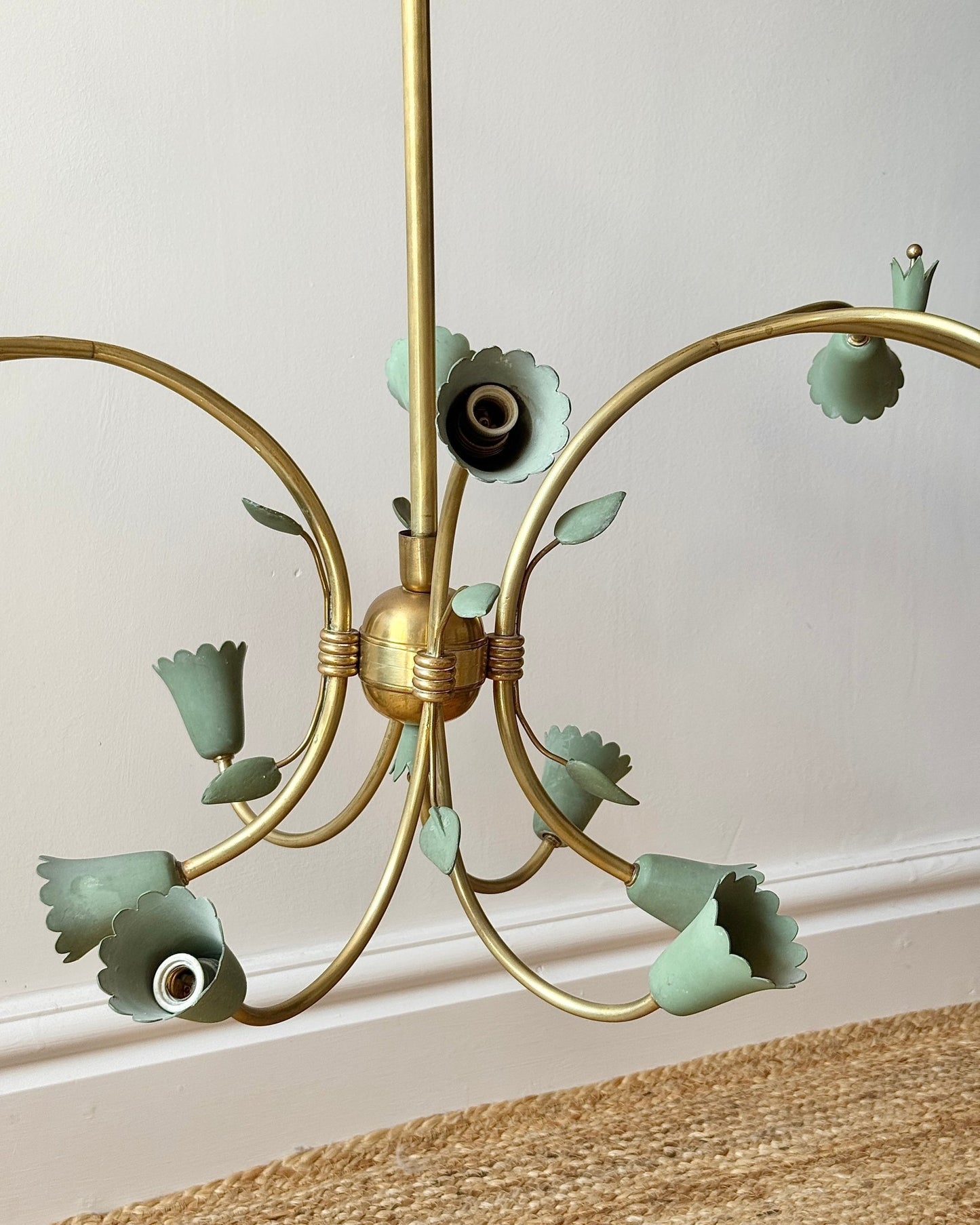 Large Italian Brass & Green Tole 14 Light Chandelier, c.1950 - Club Sourced