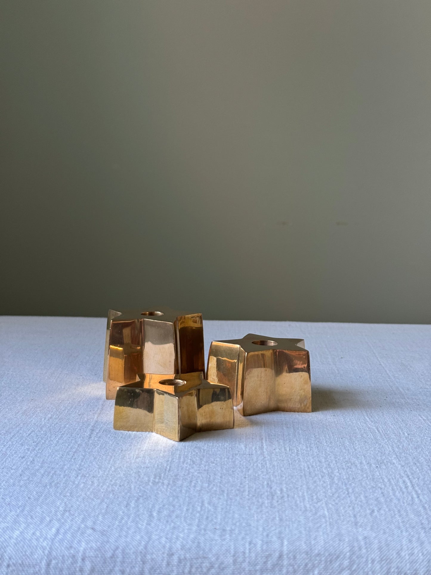 Trio of Scandinavian Graduated Brass Star Candleholders