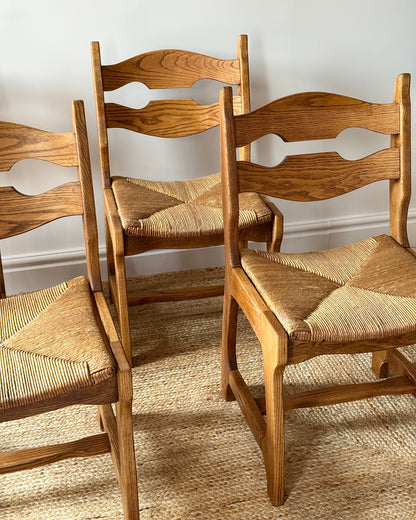 Set of Four Razor Back Oak & Rush Dining Chairs by Guillerme et Chambron