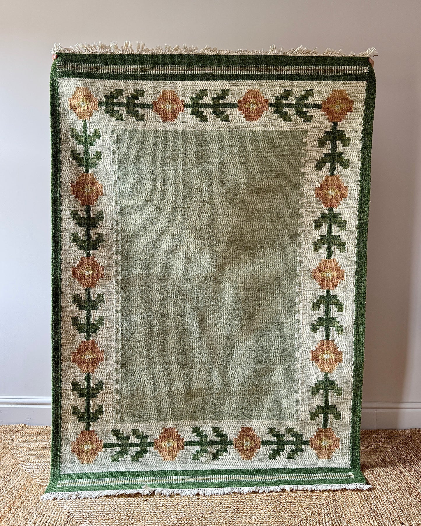 Green Swedish Wool Röllakan Flatweave Rug with Floral Border