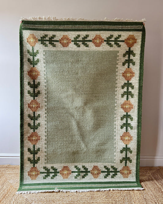 Green Swedish Wool Röllakan Flatweave Rug with Floral Border