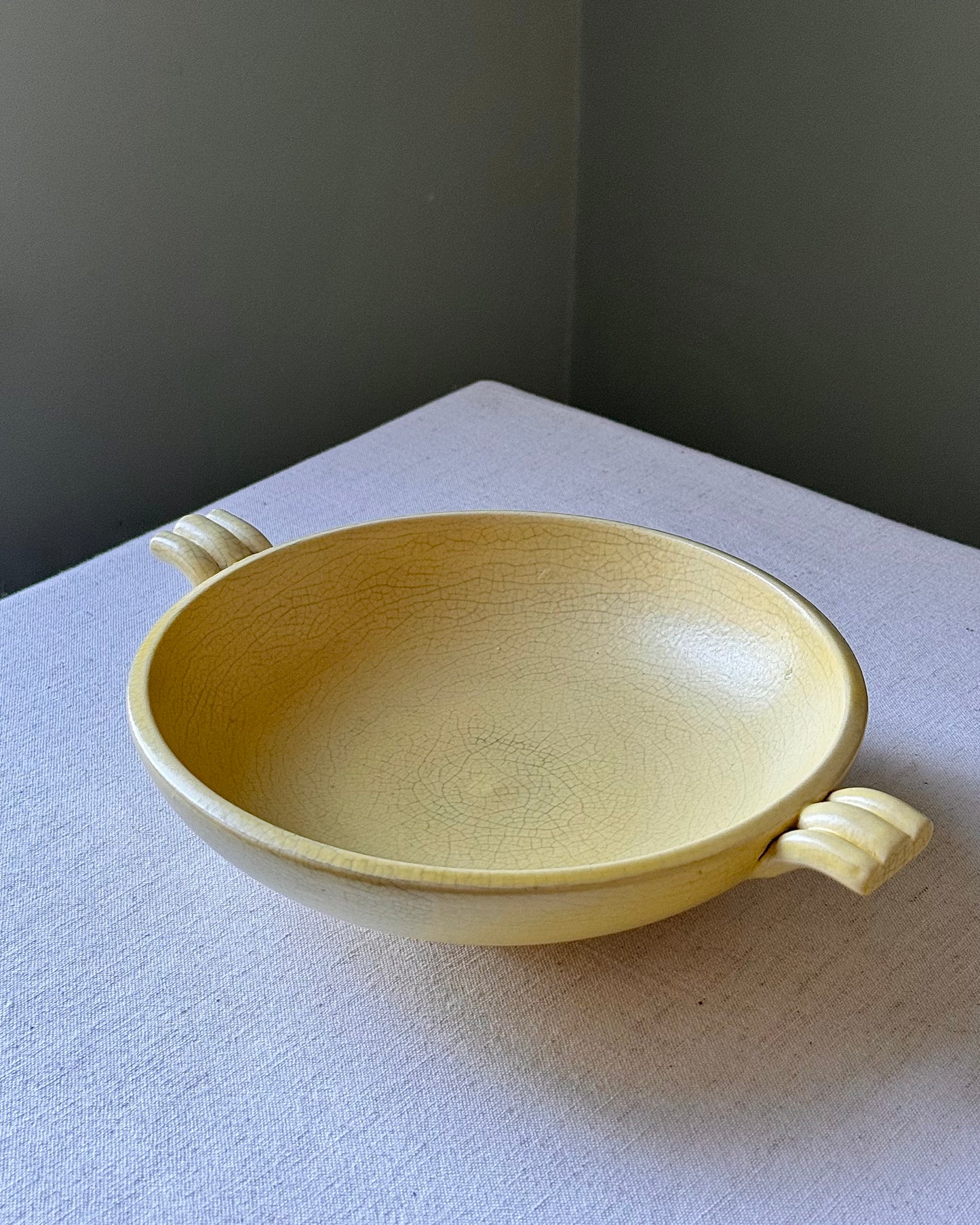 1940s Swedish Bo Fajans Yellow Crackle-Glaze Bowl with Handles