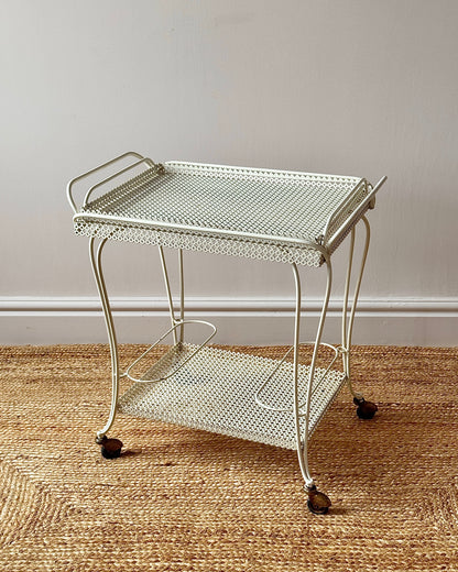 White Perforated Metal Bar Cart, In the Style of Mathieu Matégot