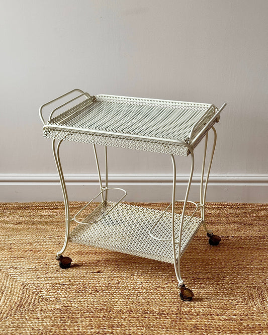 White Perforated Metal Bar Cart, In the Style of Mathieu Matégot