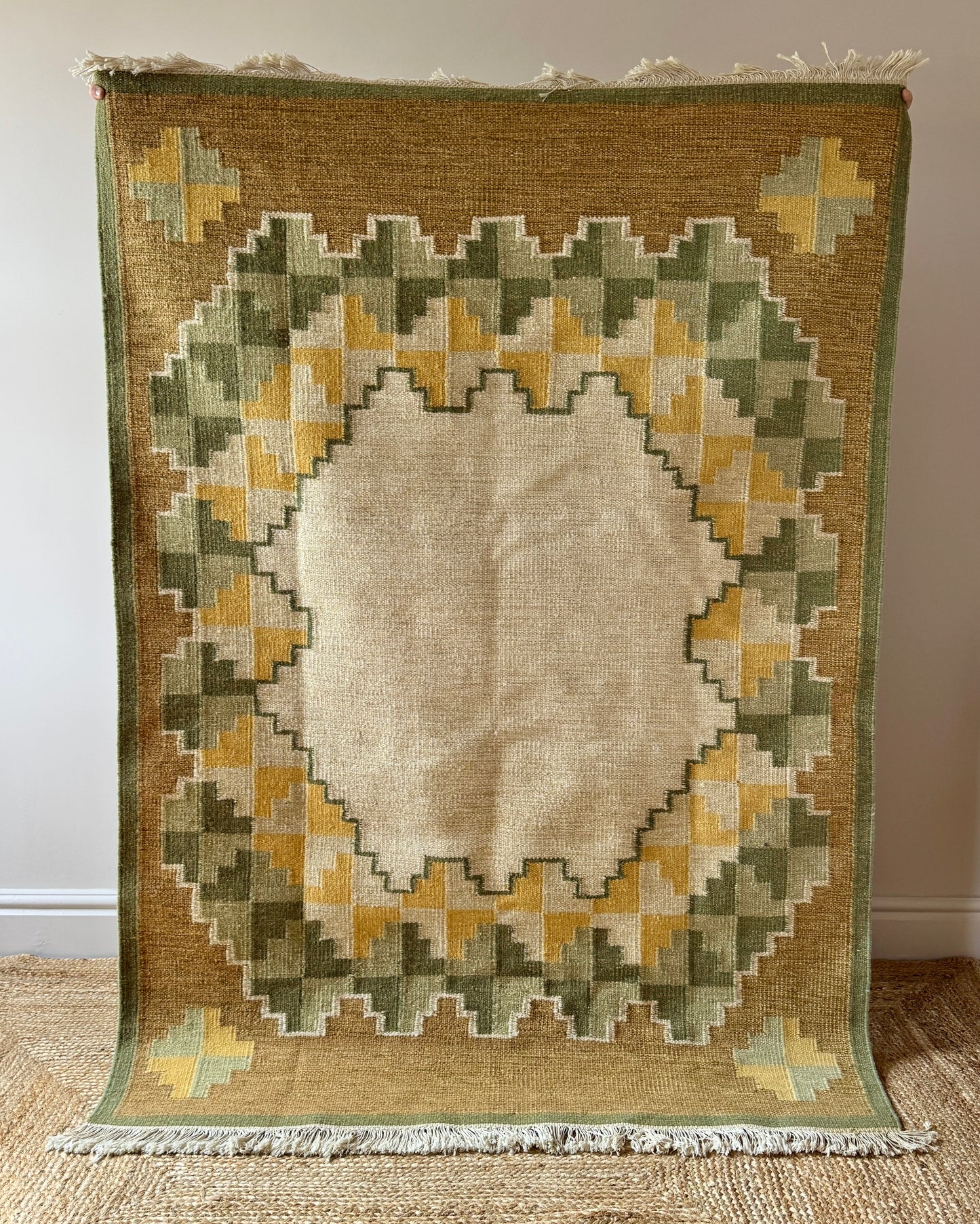 Swedish Wool Röllakan Flatweave Rug with Stepped Medallion
