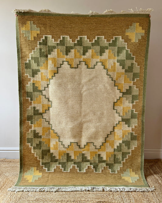 Swedish Wool Röllakan Flatweave Rug with Stepped Medallion