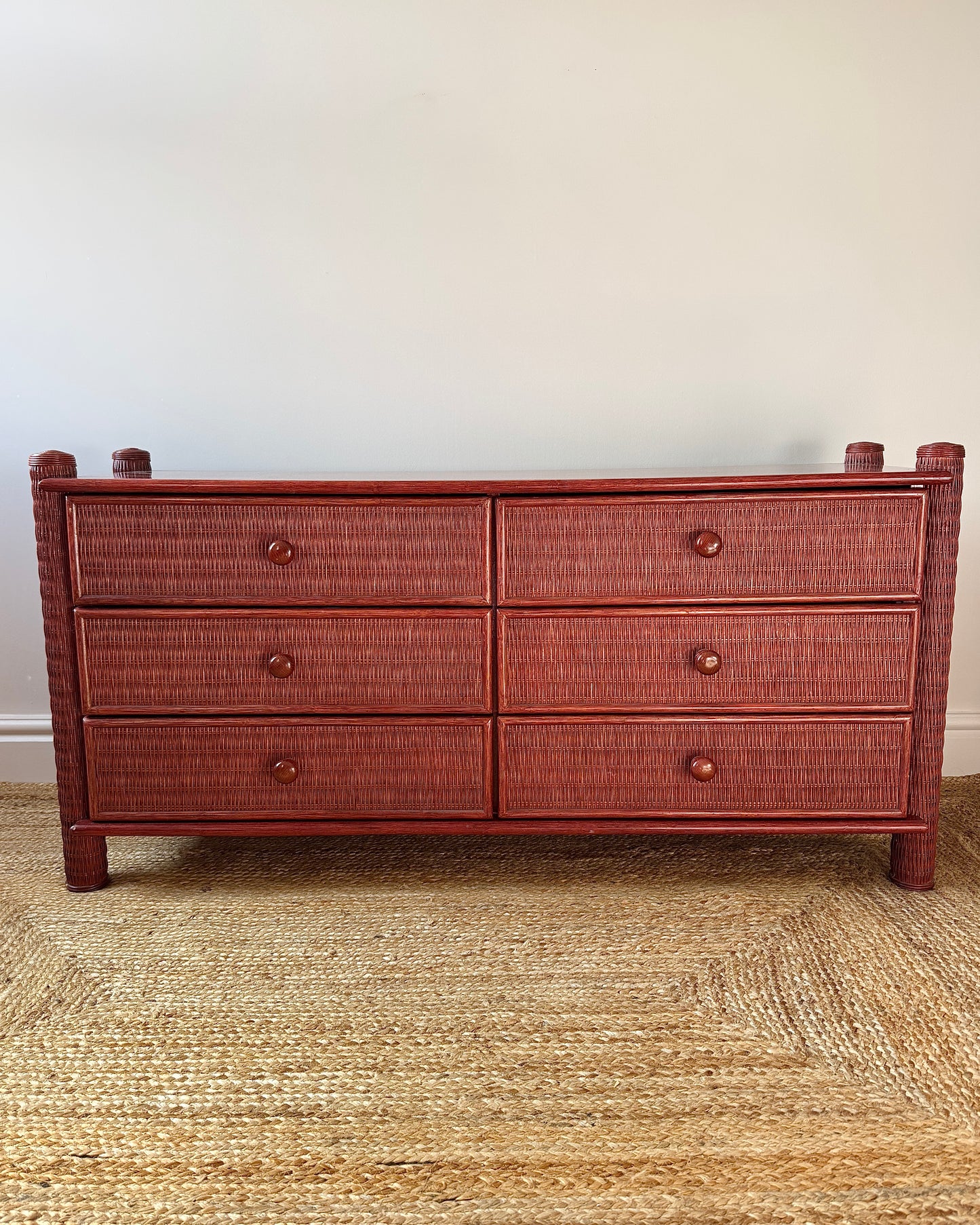 French 1970’s Red Rattan Chest of Drawers